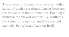 The source of the media is covered with a series of cozies creating a barrier between the viewer and the information. Each layer between the viewer and the TV insulates the visual information, until the content can only be reflected back on itself.